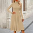 thumbnail image 3 of Women's Casual Fashion High Neck Long Sleeve Solid Color Midi Dress, Fall and Winter Elegant Dress for Everyday Wear, Comfortable and Versatile Styling,Khaki,XL, 3 of 7