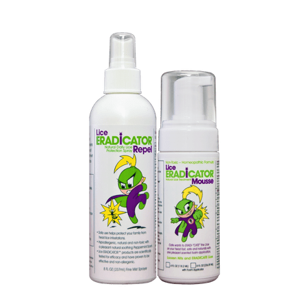 Lice ERADICATOR Foam MOUSSE Treatment and REPEL Protection Spray Combo Set / Natural, Non-Toxic, Homeopathic Peppermint Formula / 4 Oz Foam Applicator and 8 Oz Repellent