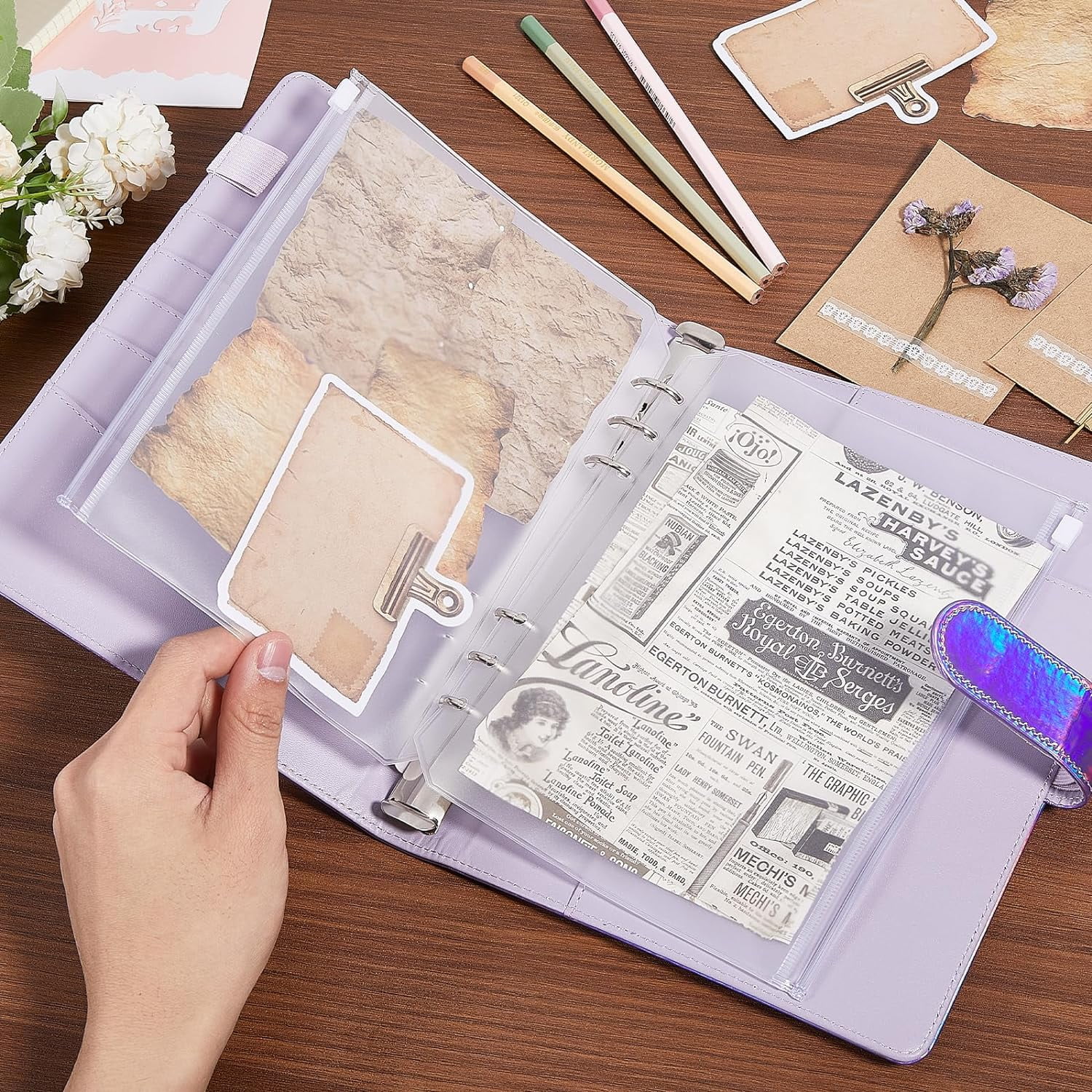 15Pcs A5 Binder Pockets with PU Leather Notebook Binder Cover Clear PVC Binder Pouch Cash Money Organizer Set with 10 Pcs Stickers for Knitting Needles Cash Envelope Document DIY