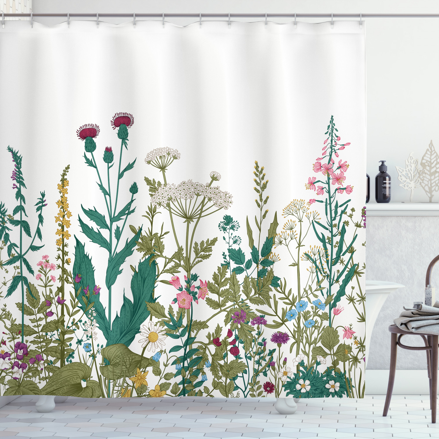 Flower Shower Curtain, Flowers and Leaves in a Spring Garden with