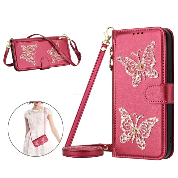 ELEHOLD Leather Bling Glitter Butterfly Shockproof Flip Kickstand Zipper Wallet Case With Crossbody Strap for Samsung Galaxy A16 5G , Rose