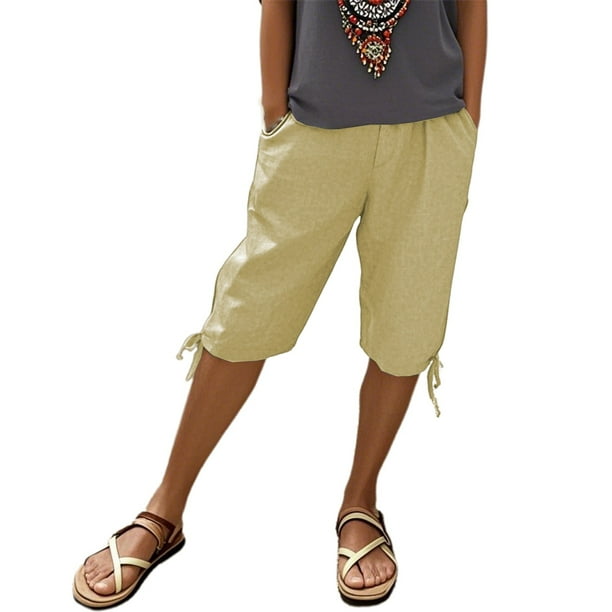 Pantalones de lino para mujer con bolsillos, cintura alta con cordón elástico, largo cinco octavos, confeccionados en suave tejido de poliéster, informales, para el parque, fiestas o citas.