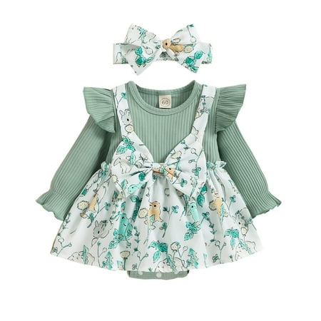 

ZMHEGW Girls Ruffles Long Sleeve Floral Prints Bowknot Romper Bodysuits Headbands Set