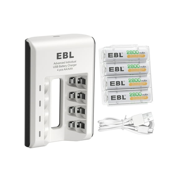 EBL 4 Pack 2800mAh AA Ni-Mh Rechargeable Batteries with 4-Slot USB Battery Charger for AA AAA Ni-CD Ni-MH Rechargeable Battery