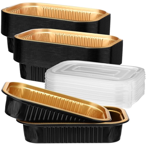 20 Pack 50oz Aluminum Foil Pans with Lids Foil Baking Tins, 8.7"x 6" Bread Loaf Pan Disposable Cake Tins for Microwave Oven Cooking, Baking, Takeaway Food Container (Black Gold)