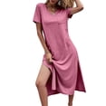 thumbnail image 2 of Summer Casual Women V-Neck Solid Color Side Slit Dress With Pocket, 2 of 5