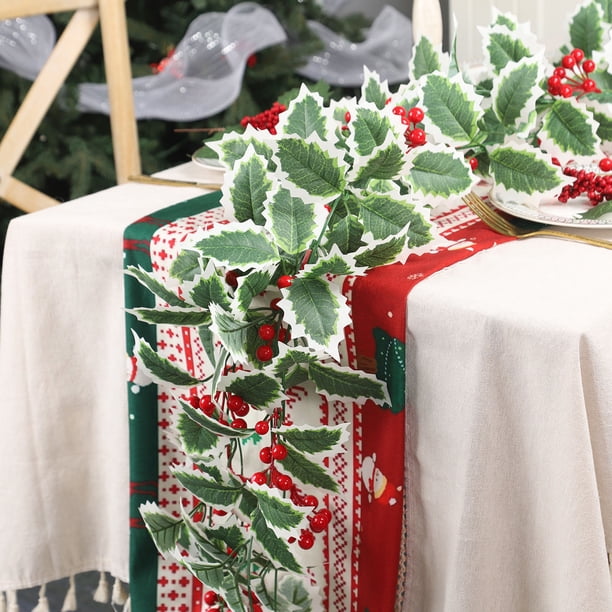 Enredaderas de acebo artificiales con bayas rojas | Guirnalda de vegetación artificial de 234 cm | Decoración navideña de plástico con bordes blancos | Paquete de 2 adornos colgantes para repisas de