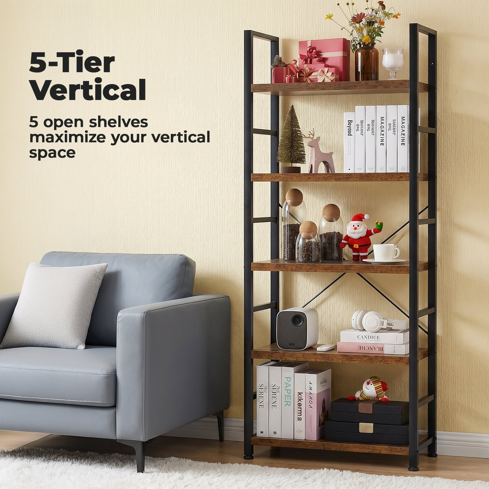 Alvantor 5-Tier Bookshelf, Modern Narrow Bookcase with 30lbs Shelf Capacity, Storage Shelf for Living Room/Office, Brown/Black