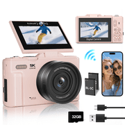Lmzour 5K 75MP WiFi Vlogging Camera for YouTube TikTok, Autofocus Digital Camera with 18X Zoom, 3" 180° Flip Screen, 32GB Card & 2 Batteries,Pink