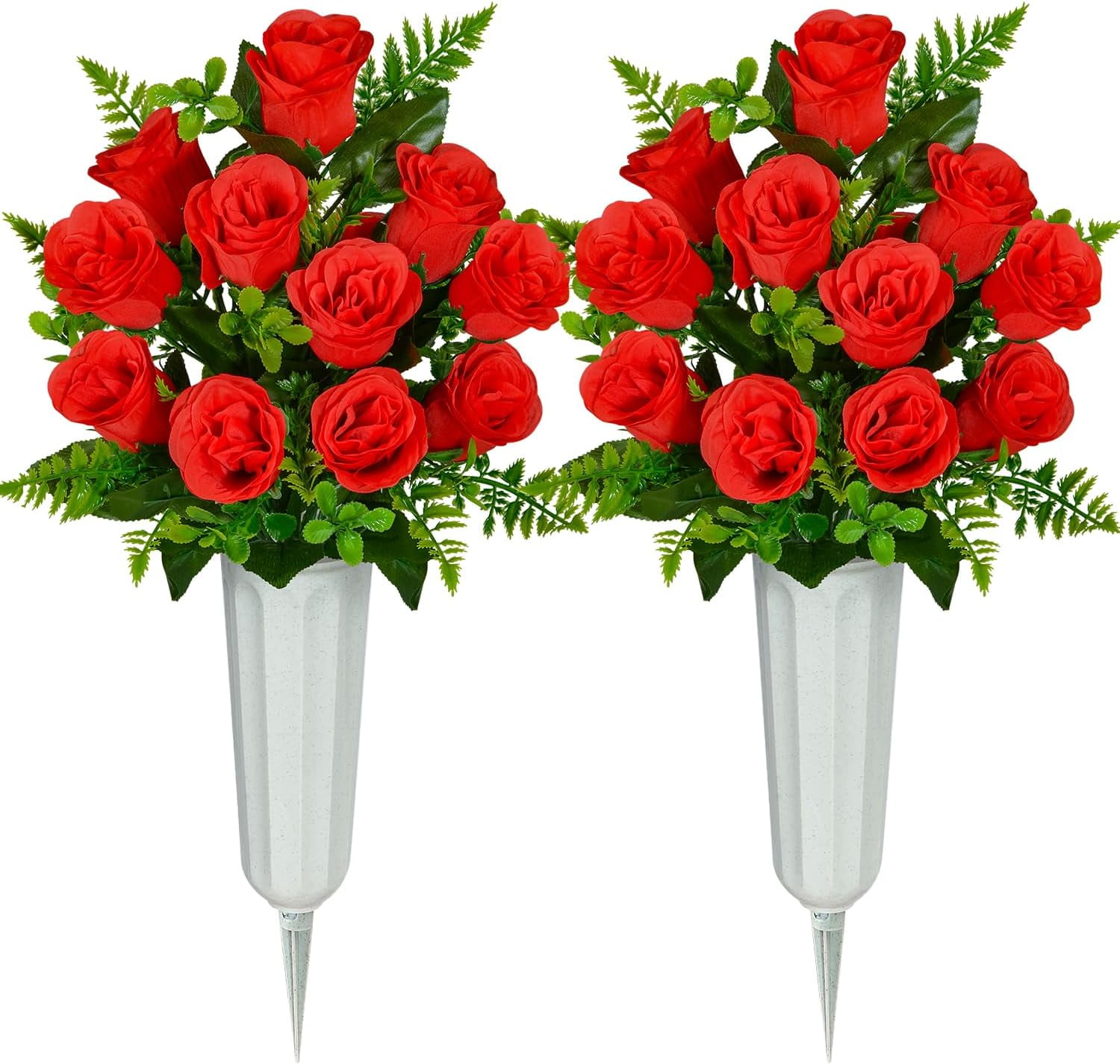 Artificial Cemetery Flowers, Set of Artificial Rose Bouquet Grave Memorial Flowers with Vase for Cemetery Headstones Decoration (Red, Set of )
