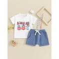 thumbnail image 2 of FEORJGP 4th of July Clothes for Baby Boys 6M 12M 18M 2T 3T 4T Kids Short Sleeve T-shirt Crew Neck Letter Print Tops Solid Color Drawstring Shorts Sets Toddler Infant Fashion Cute Daily Summer Outfit, 2 of 7