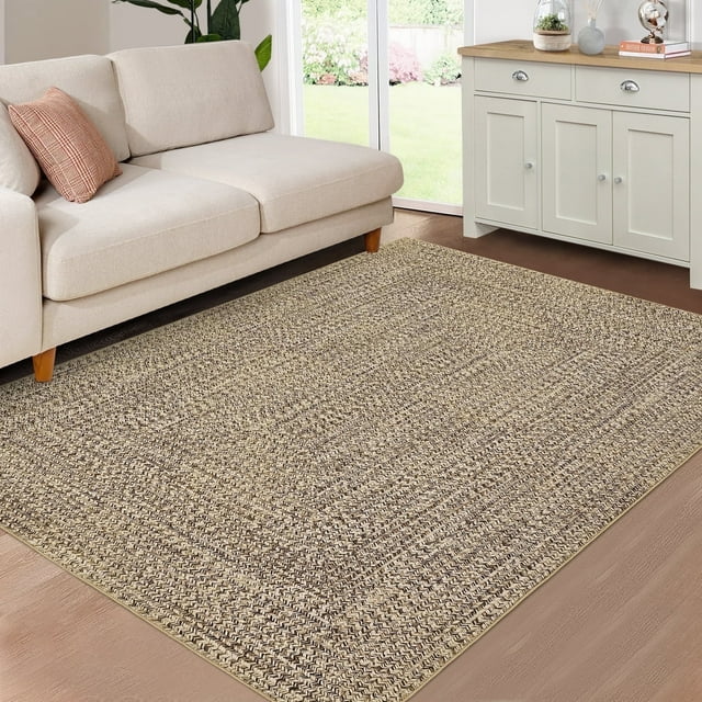 Garvee 9'x12' Large Area Rugs Braided Print Rug, Machine Washable Indoor Rug Non-Slip Low Pile Farmhouse Solid Carpet for Bedroom, Living Room, Dining Room Office, Yellow
