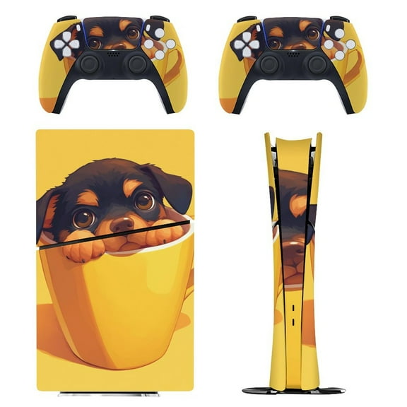 Skin Sticker for PS5 Slim Standard PS5 Pro Disc Digital Edition Console and Controllers Decals for Playstation 5 (Cute Dog In Teacup,PS5 Slim Disc Edition)