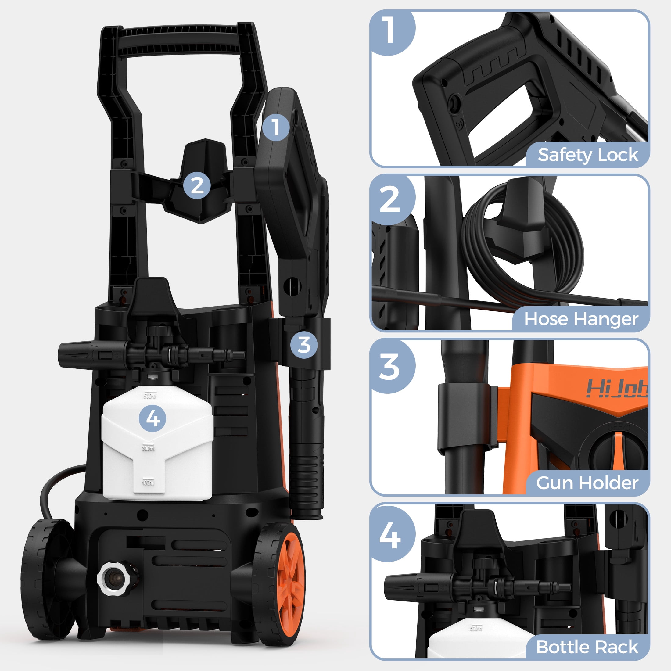 HIJOB Electric 3000 PSI Pressure Washer w/ 20 ft Hose, 4 Quick Connect Nozzles, Foam Cannon, Portable to Clean Patios Cars Fences Driveways