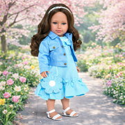 Kennedy and Friends Light Blue Dress with Denim Jacket, Sandals, and Mini Faux Purse for 18 Inch Dolls
