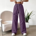thumbnail image 3 of LVHAOGJOB Womens Wide Leg Cargo Pants with Pockets Pants Elastic Waist Lightweight Drawstrings Trousers for Juniors, 3 of 5