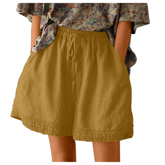 Owordtank Womens Summer Flat Front Shorts with Pockets Cotton Linen Wide Leg Lounge Shorts