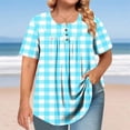 thumbnail image 7 of Hfnxid Womens Plus Size Tops Crewneck Pleated Short Sleeve Shirt Button Down Plaid Print Shirt Summer Casual Vacation ShirtsLight BlueXXXL, 7 of 7