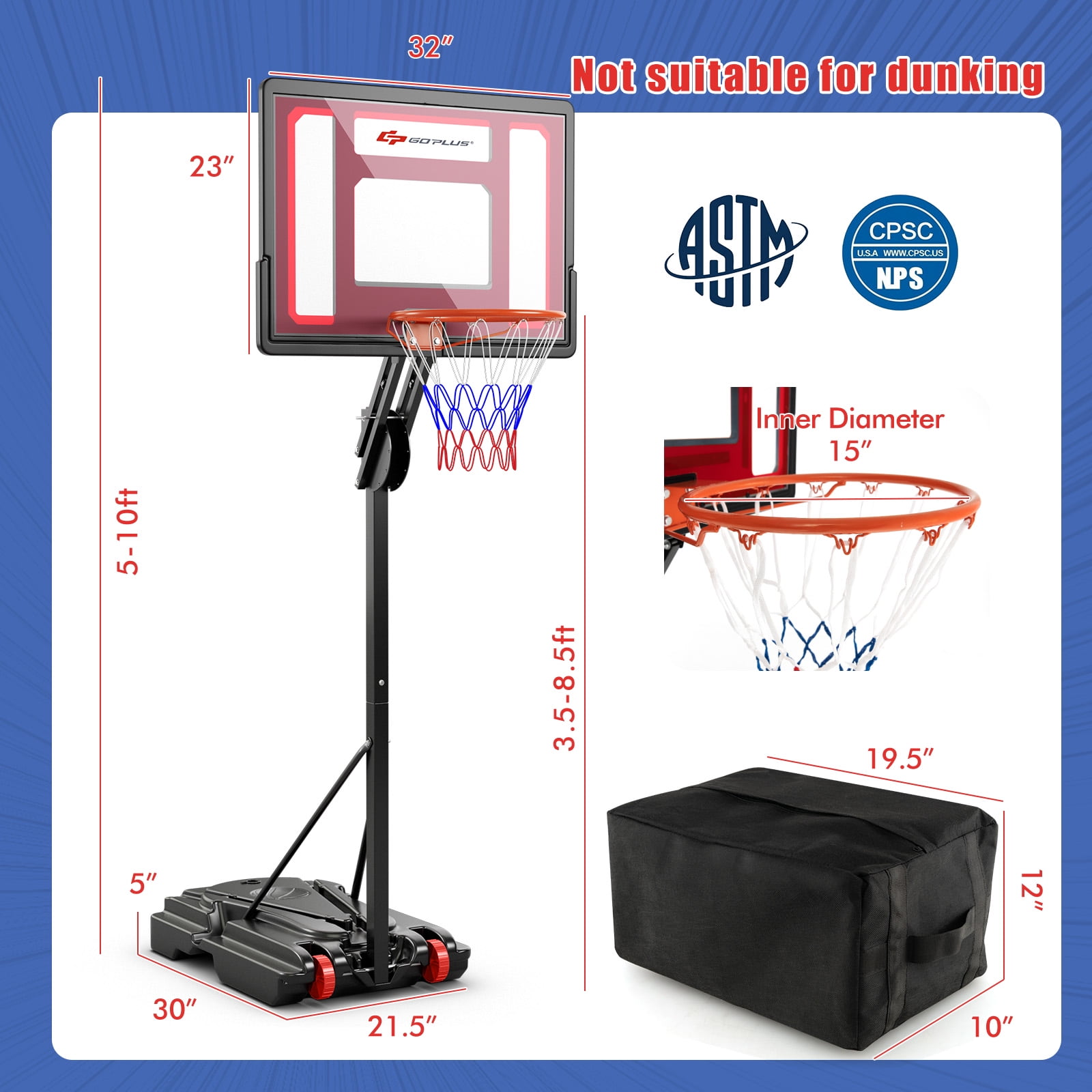 Infans Portable Basketball Hoop System 5-10 FT Adjustable W/Weight Bag Wheels Outdoor