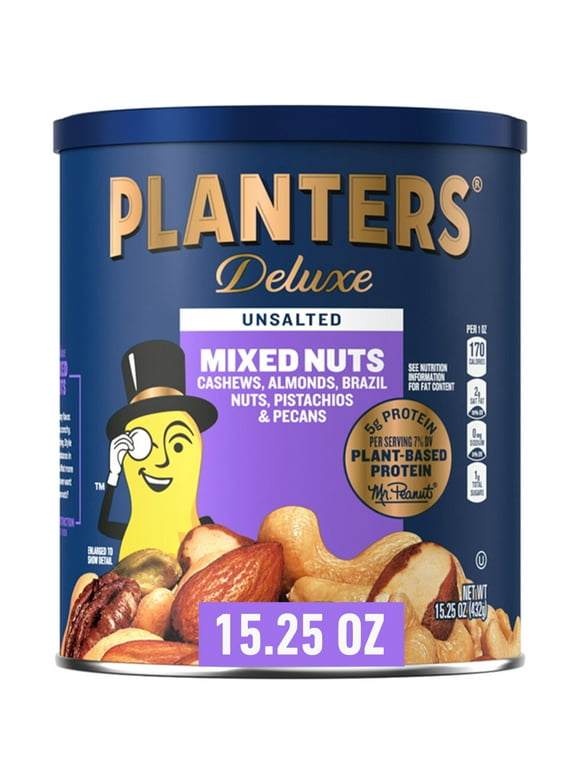 PLANTERS Deluxe Unsalted Mixed Nuts, Party Snacks, Plant-Based Protein, 15.25 oz Canister