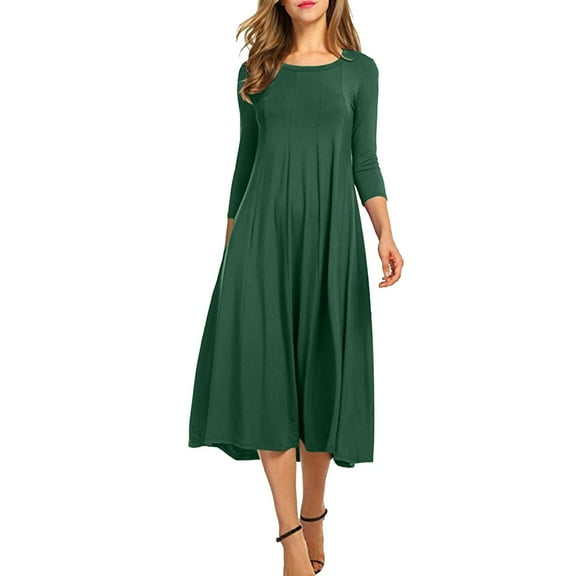 purcolt Women's 3/4 Sleeve Pleated Midi Dresses Fall Casual A-Line Flowy Swing Solid T Shirt Dress Cocktail Party Dress