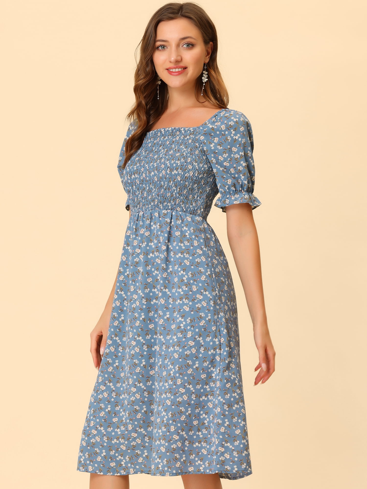 DARING DIVA Square Neck Puff Sleeves Smocked Waist Midi Floral Dres M Dusty Blue