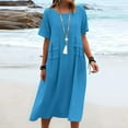 thumbnail image 2 of JSheng Women's Summer Dresses Plus Size Casual Loose And Linen Solid Color Short Sleeved Round Neck Dress Blue XXXXL, 2 of 5
