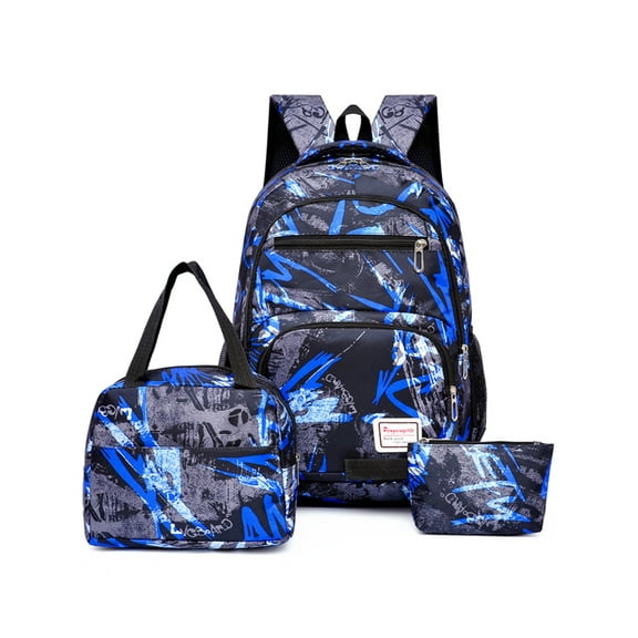 School Backpack for Boys Girls Fashion Printed School Bag Set with Lunch Bag and Pencil Case for Kids Teens, Blue