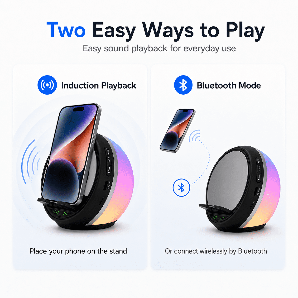 JDMEOPD 5-in-1 Induction Speaker Phone Stand with RGB Night Light, Rechargeable Bluetooth Desk Speaker, Gift for Men Women