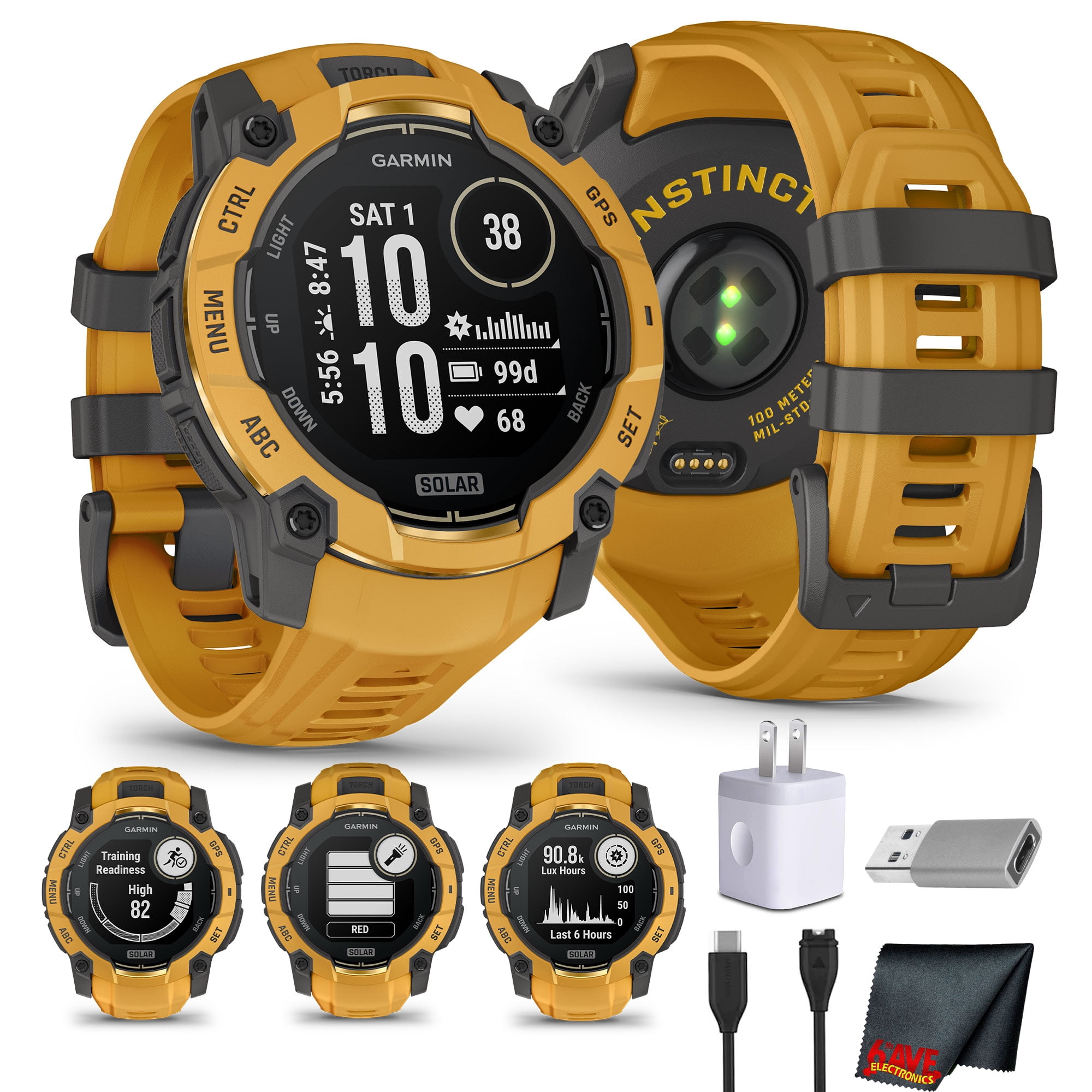 Garmin Instinct 3 - 50 mm, Solar, Rugged Outdoor GPS Smartwatch, Built-in Flashlight, Alpine Rush Collection Limited Edition Color, Sunburst with Sunburst/Gray BandGPS Bundle