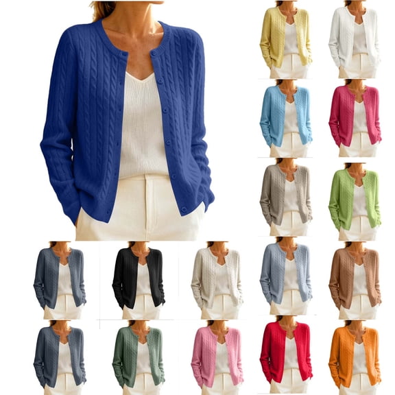Brnmyaeo Women's 2026 Fall Cable Knit Cardigans Crew Neck Button Down Front Sweaters Casual Long Sleeve Soft Stretchy Open Front Outerwear