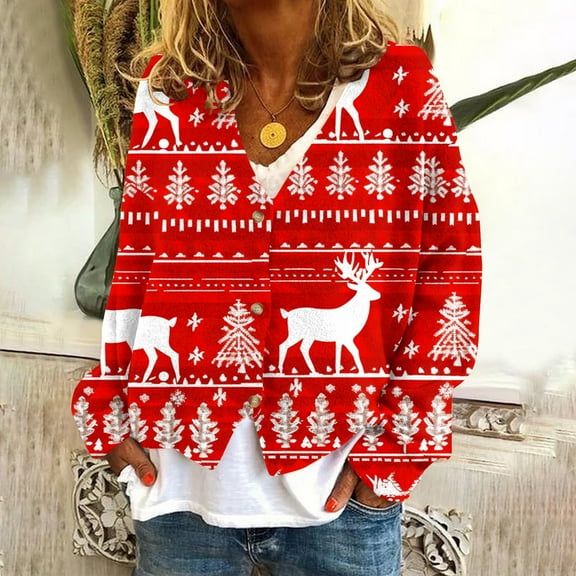 Jjayotai Womens Christmas Printed Cardigan Sweaters Clearance, Long Sleeve V Neck Lightweight Open Front Jacket Coat, Button Down Knit Cardigans Multicolor S