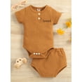 thumbnail image 2 of hirigin Baby Summer 2Pcs Outfit Sets Short Sleeve Letter Print Button Romper + Solid Color Shorts, 2 of 9