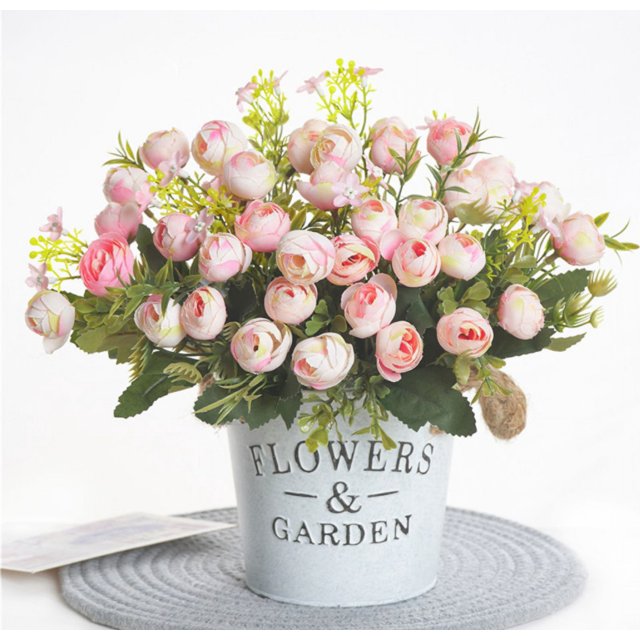 1 ramo de 13 cabezas de flores artificiales, flor de té rosa, flores falsas de seda, flores para bricolaje, hogar, jardín, decoración de boda, rosa claro Rojo Verde