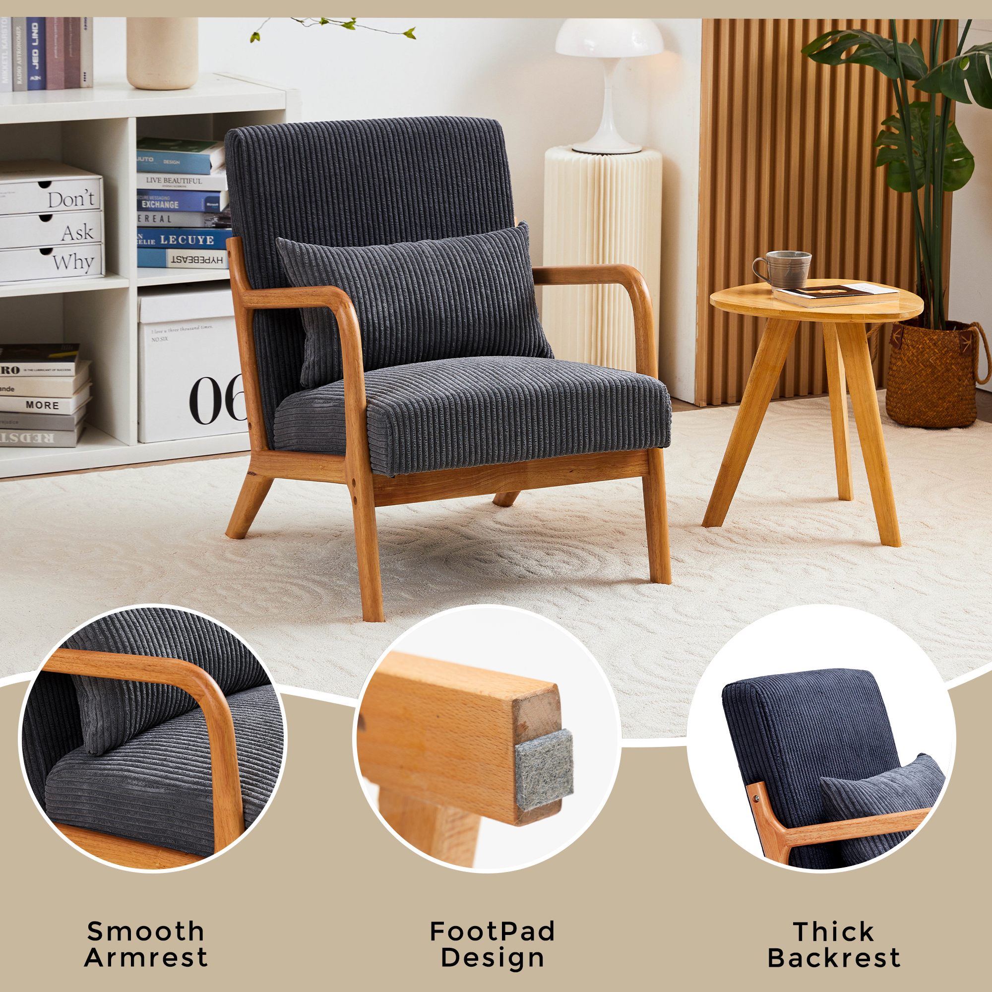 MOONMISS Corduroy Upholstered Mid-Century Modern Wood Frame Single Armchair-Dark Gray