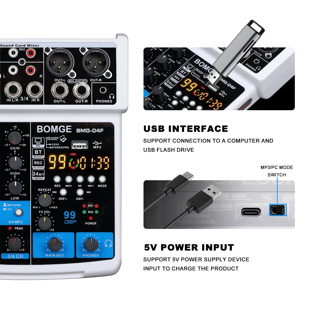 BOMGE 4 Channel mini DJ Audio Sound Mixer Interface with MP3 USB, Bluetooth, Stereo Recording, 48V Phantom Power, 24 DSP for karaoke, performance, church singing  podcas streaming- white