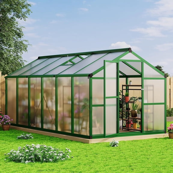 Green 8ftx12ft Outdoor Greenhouse, Polycarbonate Greenhouse with Roof Vents, Heavy Duty Aluminum Greenhouse, Easy to Install, Walk-in Greenhouse for Garden, Backyard, Patio, Lawn