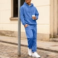 thumbnail image 4 of Nokdvo Tracksuits for Men Set Fashion 2025 Fleece Letter Print Drawstring Hoodie and Sweatpants Fall Winter Hooded Solid Color Ribbed Sweatsuit Sets with Pocket,Blue 2XL, 4 of 4