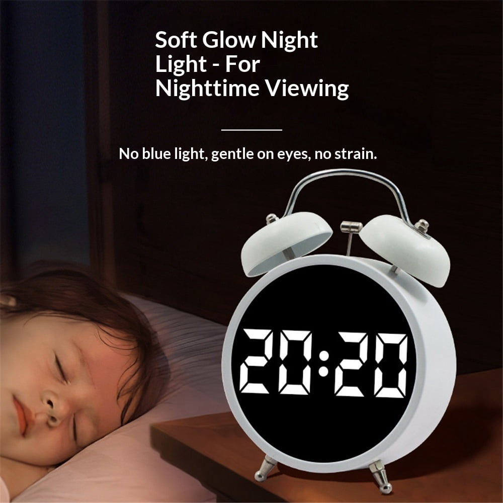Digital Small Alarm Clock, Double Bell Electronic LED Alarm Clock, Plug in or Battery Operated Silent Metal Table Clock, Bedside Loud Bell Clock for Heavy Sleepers Adults Kids (White)