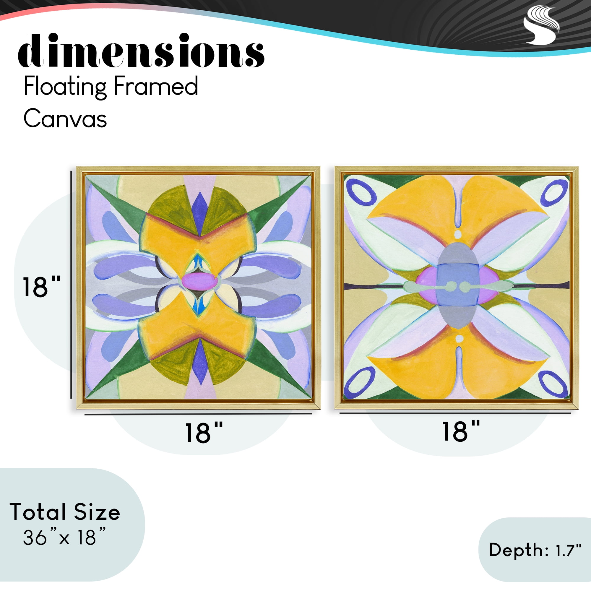 Stupell Industries Kaleidoscopic Revival Hues 2 Piece Gold Framed Floater Canvas Set, design by Melissa Wang