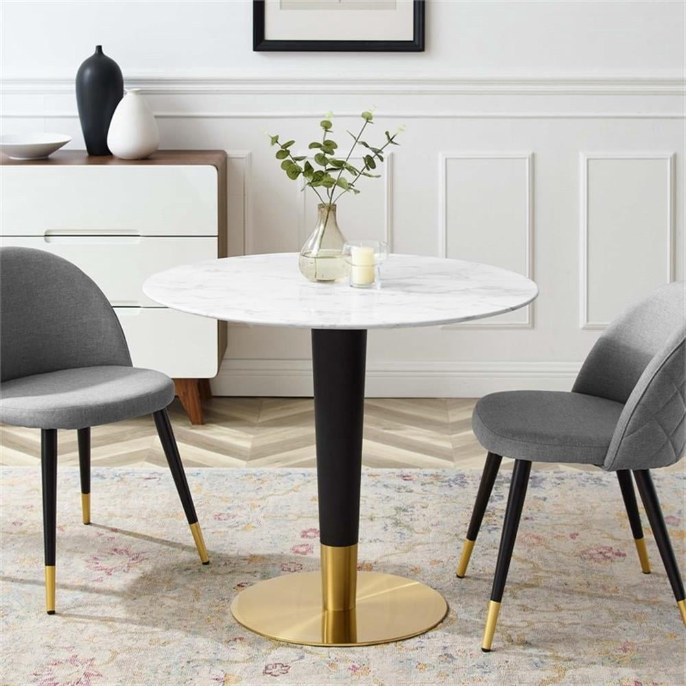 Modway Zinque 35.5" Round Wood & Artificial Marble Dining Table in White/Gold