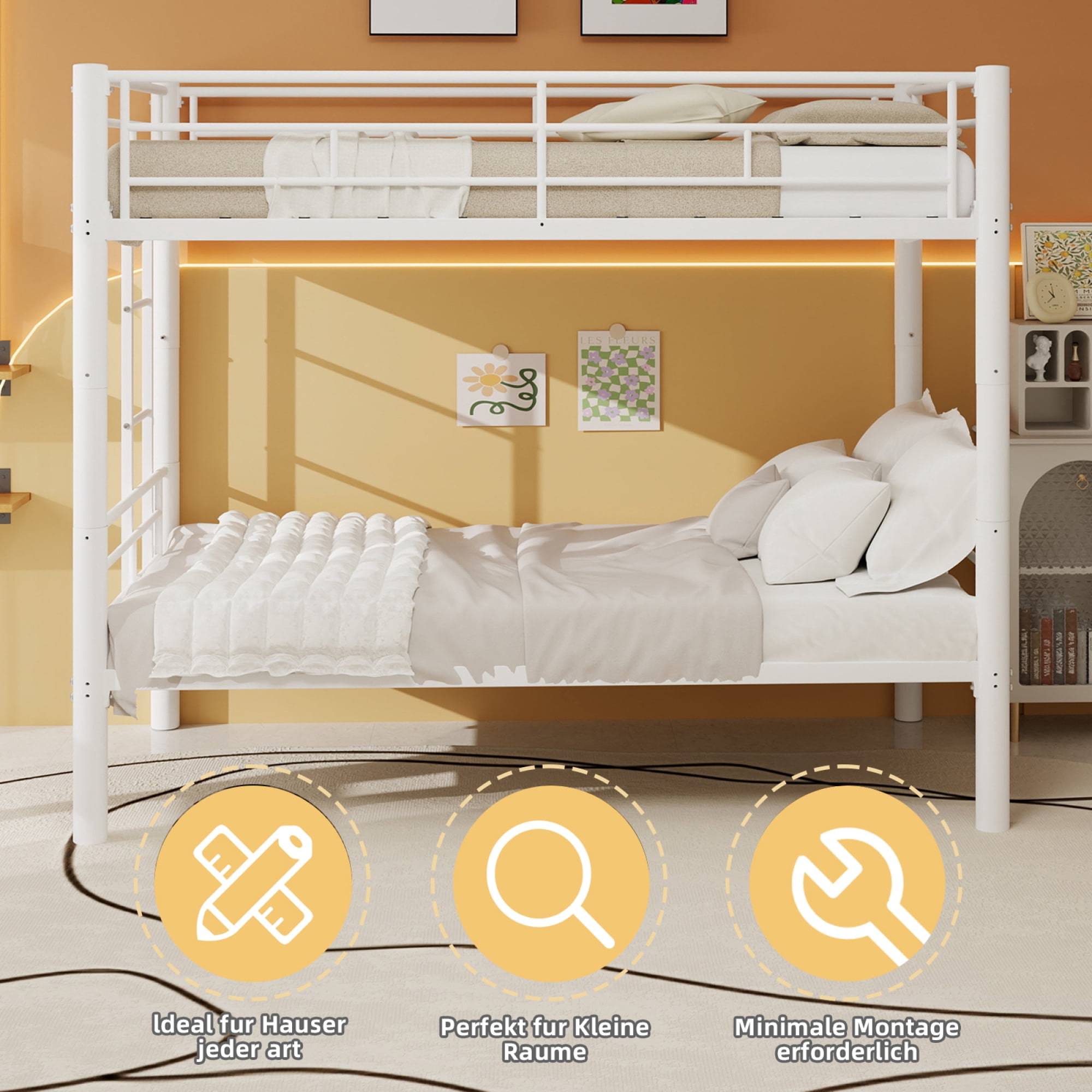 Twin over Twin Bunk Bed with Ladder and Safety Guardrails, Metal Bunk Bedframe for Kids Boys Girls, can be convertible into 2 Beds, No Spring Box Required