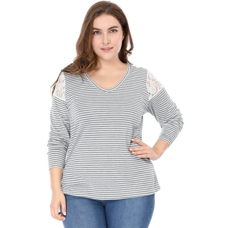 - Unique Bargains Women's Plus Size Lace Panel Striped V-Neck Long Sleeve Top