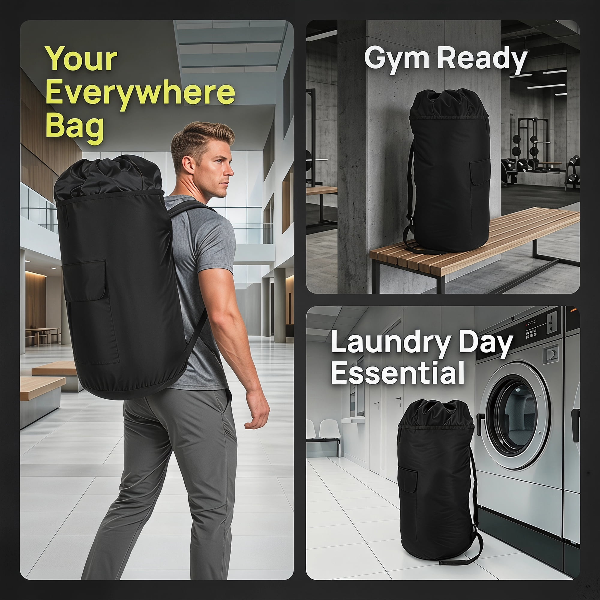 Unique Bargains Laundry Backpack Large Dirty Clothes Hamper Bag with Pocket Black 15"x28"