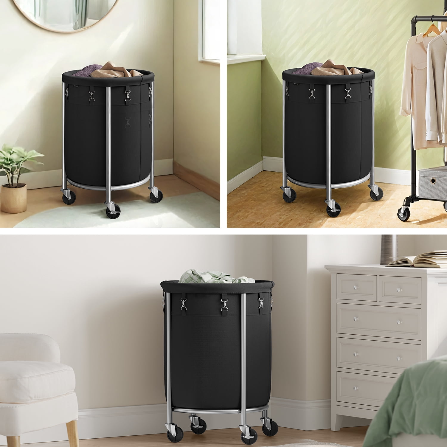 LEDREM 29-Gal Rolling Laundry Hamper with Wheels, Steel Frame & Removable Bag, 4 Casters (2 Brakes), Black and Silver