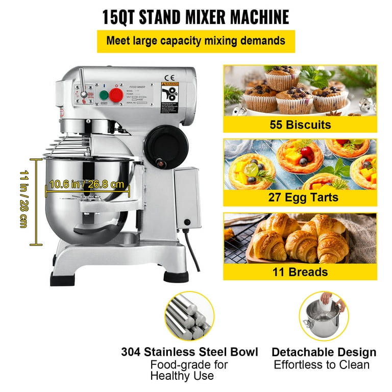 VEVORbrand Commercial Food Mixer 15Qt 600W 3 Speeds Adjustable 110/178/390  RPM Heavy Duty 110V with Stainless Steel Bowl Dough Hooks Whisk Beater  Premium for Schools Bakeries Restaurants Pizzerias 