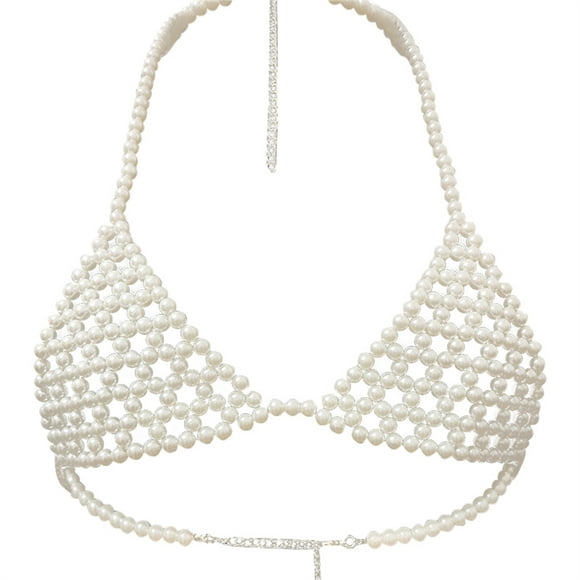 WIFORNT Women Pearls Beaded Crop Tops Sleeveless Backless Body Chain Bra Jewelry Halter Tops Party Clubwear