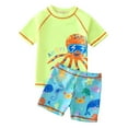 thumbnail image 2 of CUZIBR Swimsuit Boys Cartoon Fish Printed Two Piece Swimwear Patchwork Short Sleeve Crewneck Shirts And Trunks Shorts Outfits Popular Swimsuit,Green,5-6 Years, 2 of 9