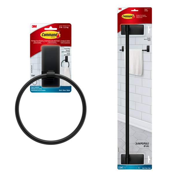 Command Bath Matte Black Towel Ring, 1 Towel Ring and Command Bath