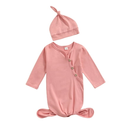 

TheFound Newborn Baby Girl Boy Knitted Romper Knotted Gowns Long Sleeve Solid Color Sleeping Bag With Hat Set